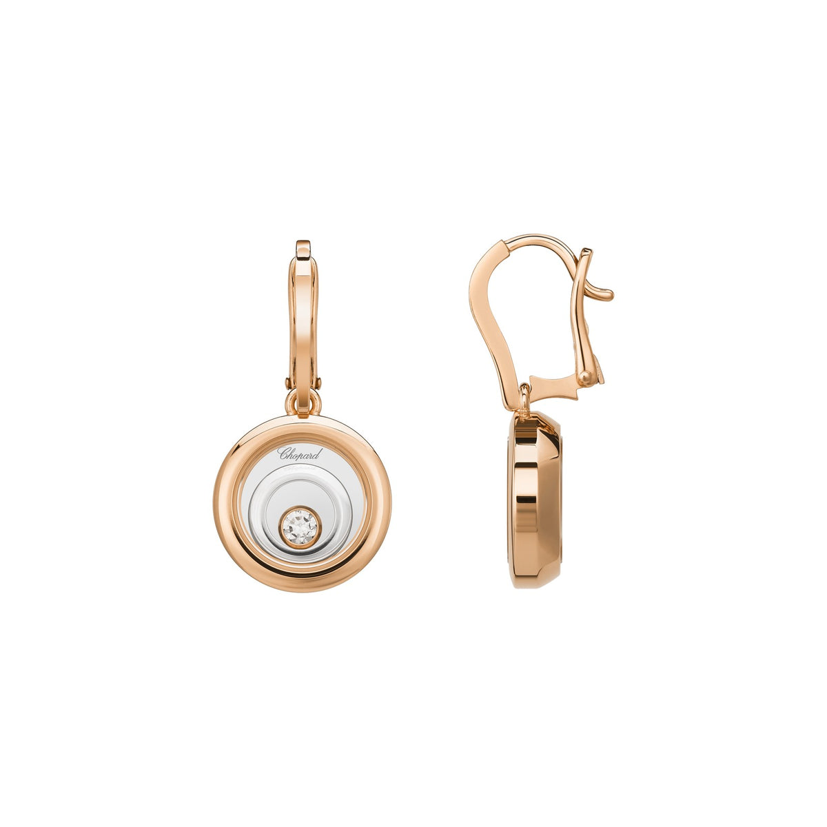 Chopard Happy Diamonds earrings in 18k ethical white and rose gold with moving diamonds view 2