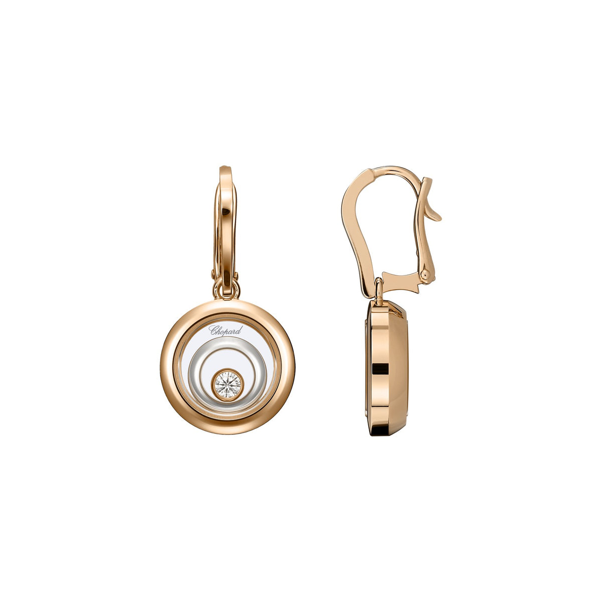 Chopard Happy Diamonds earrings in 18k ethical white and rose gold with moving diamonds view 3