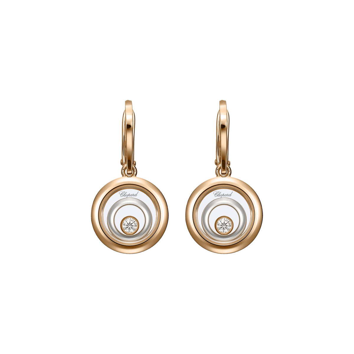 Chopard Happy Diamonds earrings in 18k ethical white and rose gold with moving diamonds view 4