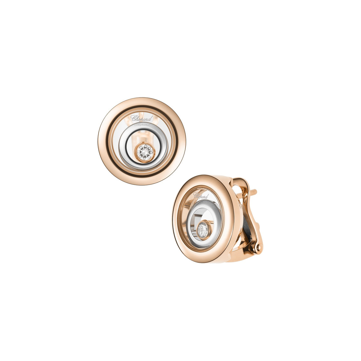 Chopard Happy Diamonds earrings in 18k ethical white and rose gold with moving diamonds