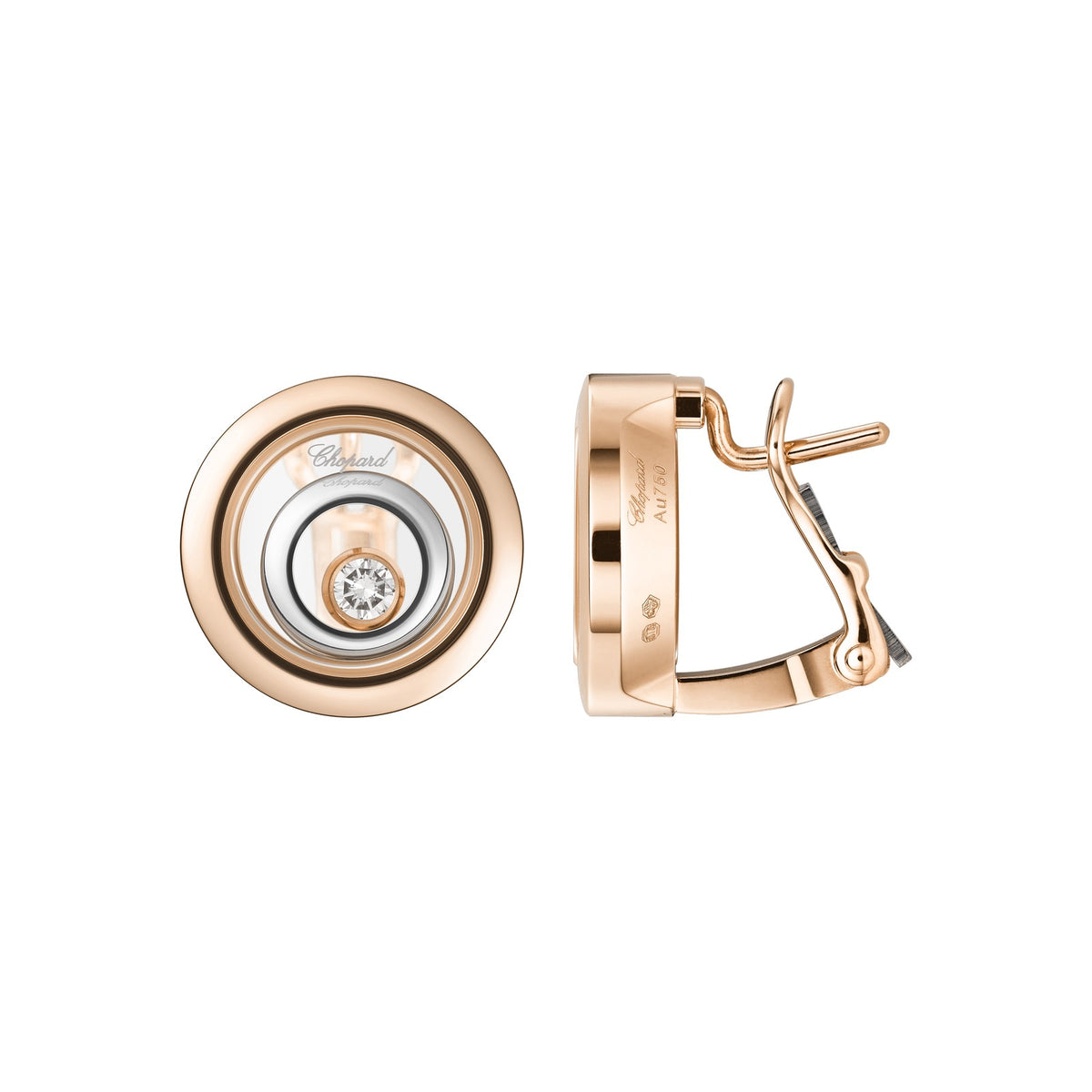 Chopard Happy Diamonds earrings in 18k ethical white and rose gold with moving diamonds view 2