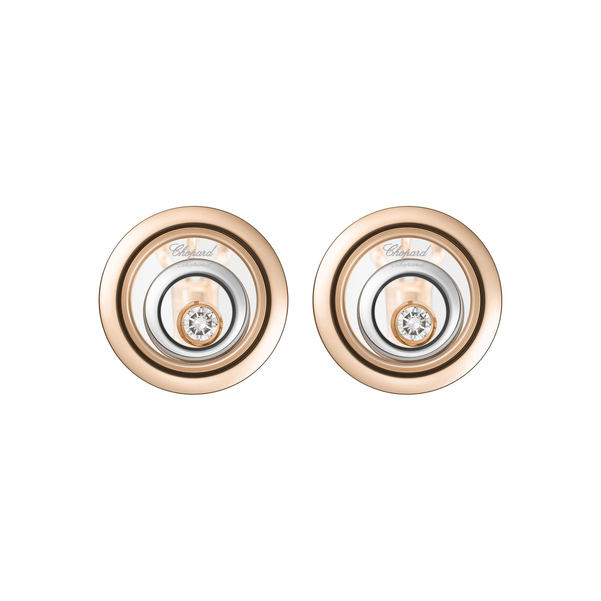 Chopard Happy Diamonds earrings in 18k ethical white and rose gold with moving diamonds view 3