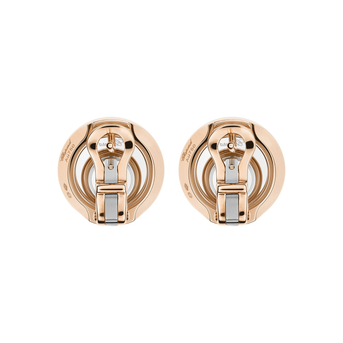 Chopard Happy Diamonds earrings in 18k ethical white and rose gold with moving diamonds view 4