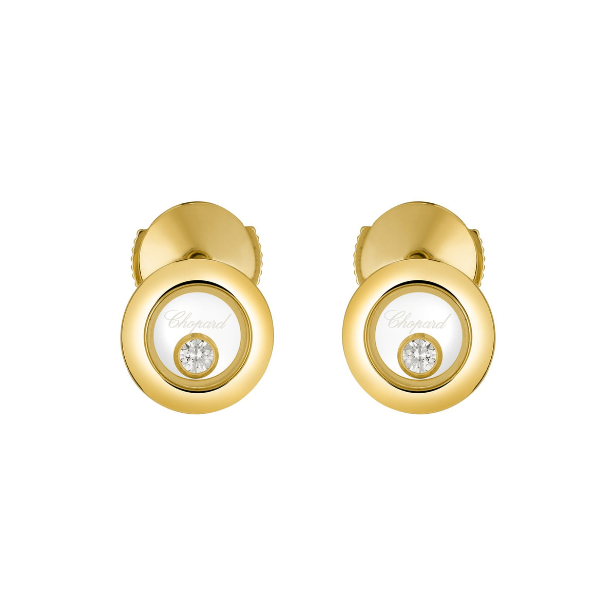 Chopard Happy Diamonds earrings in 18k ethical yellow gold with moving diamonds view 3