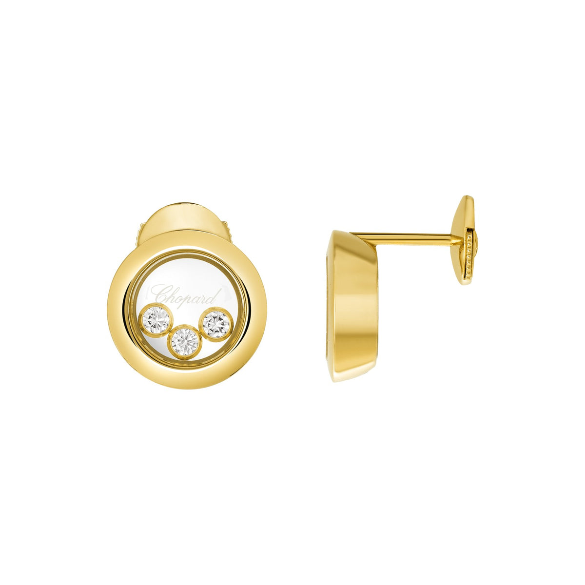 Chopard Happy Diamonds earrings in 18k ethical yellow gold with moving diamonds view 2