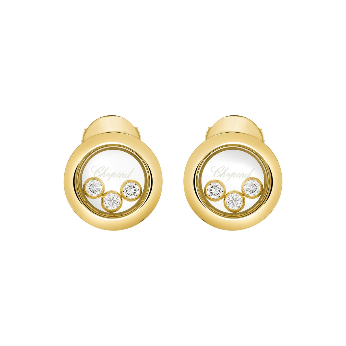 Chopard Happy Diamonds earrings in 18k ethical yellow gold with moving diamonds view 3
