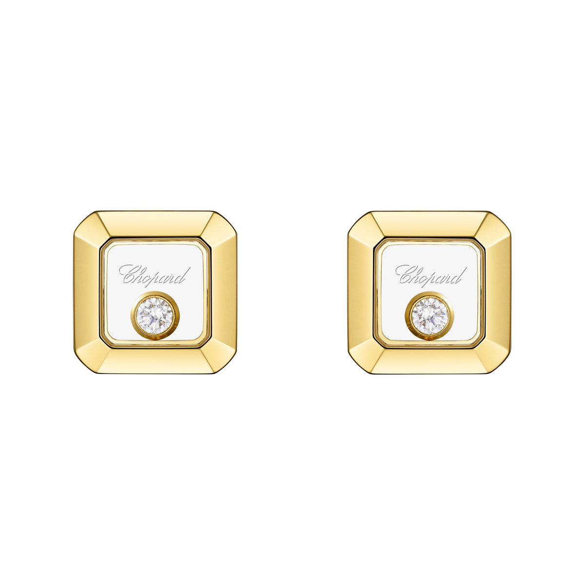 Chopard Happy Diamonds earrings in 18k ethical yellow gold with moving diamonds view 3