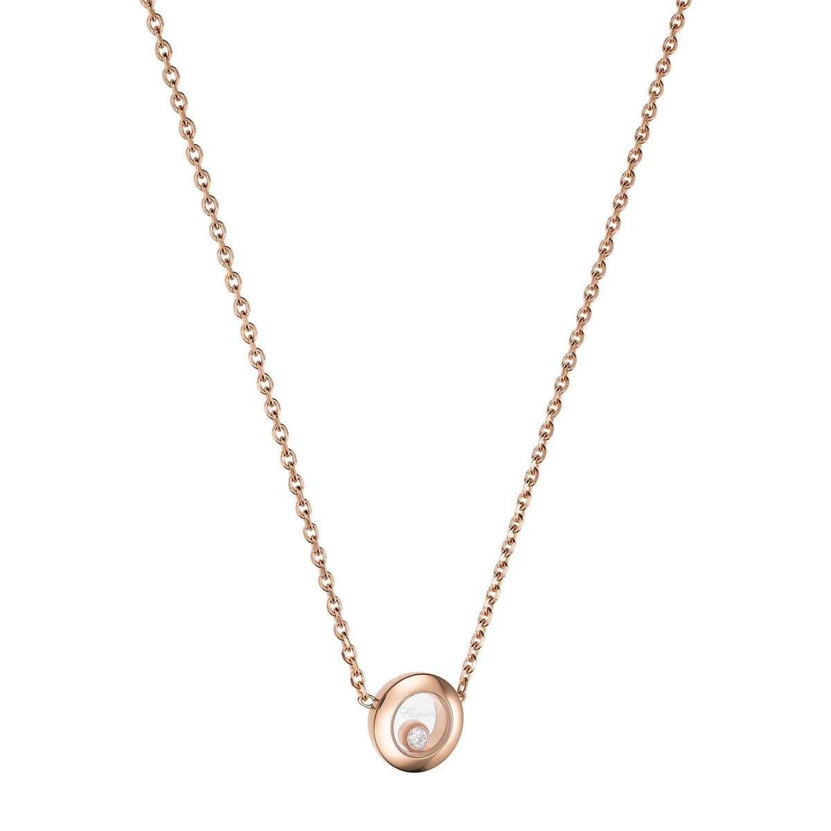 Chopard Happy Diamonds necklace in 18k ethical rose gold with moving diamonds view 2