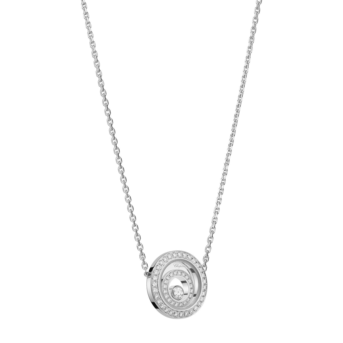 Chopard Happy Diamonds necklace in 18k ethical white gold with moving diamonds view 2