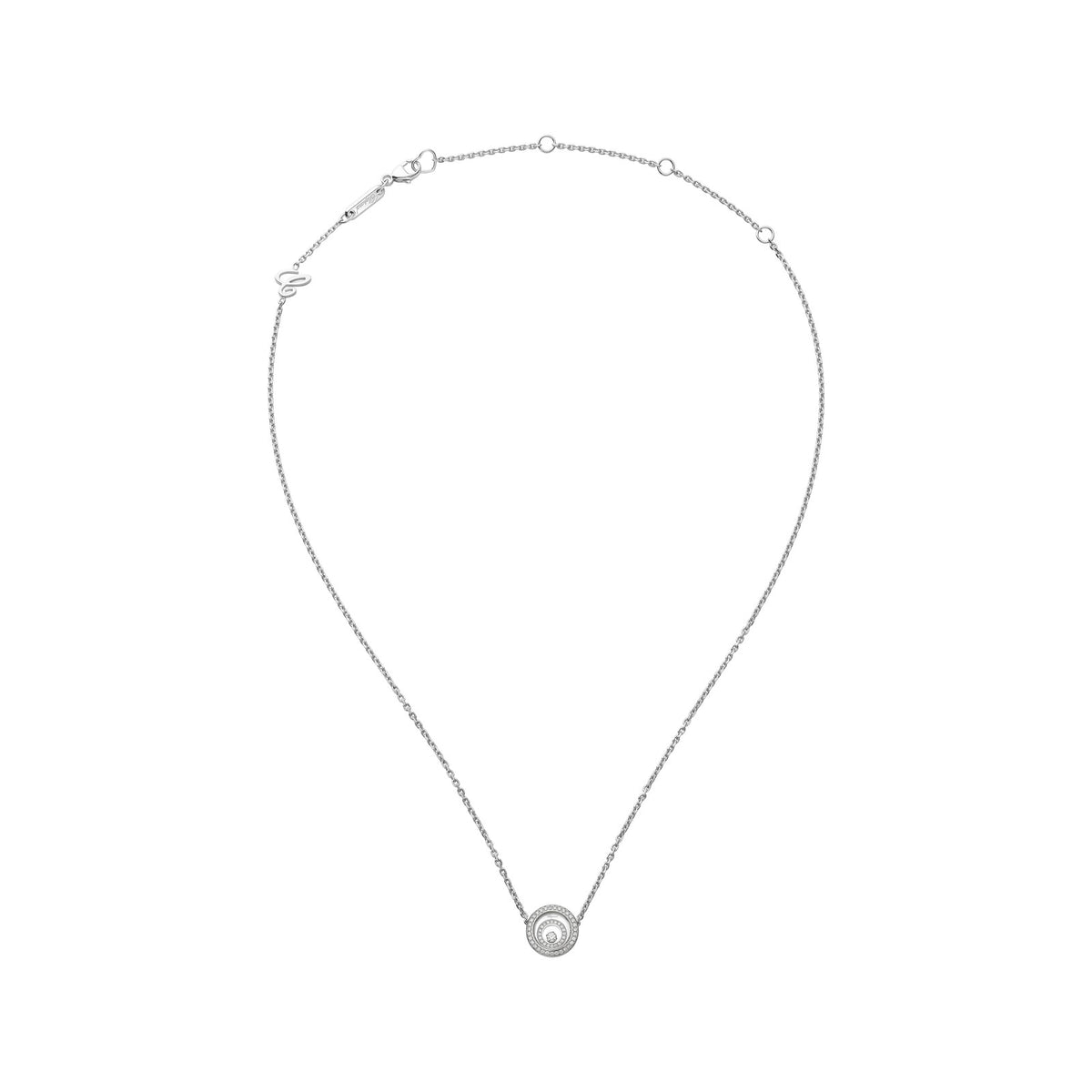 Chopard Happy Diamonds necklace in 18k ethical white gold with moving diamonds view 3