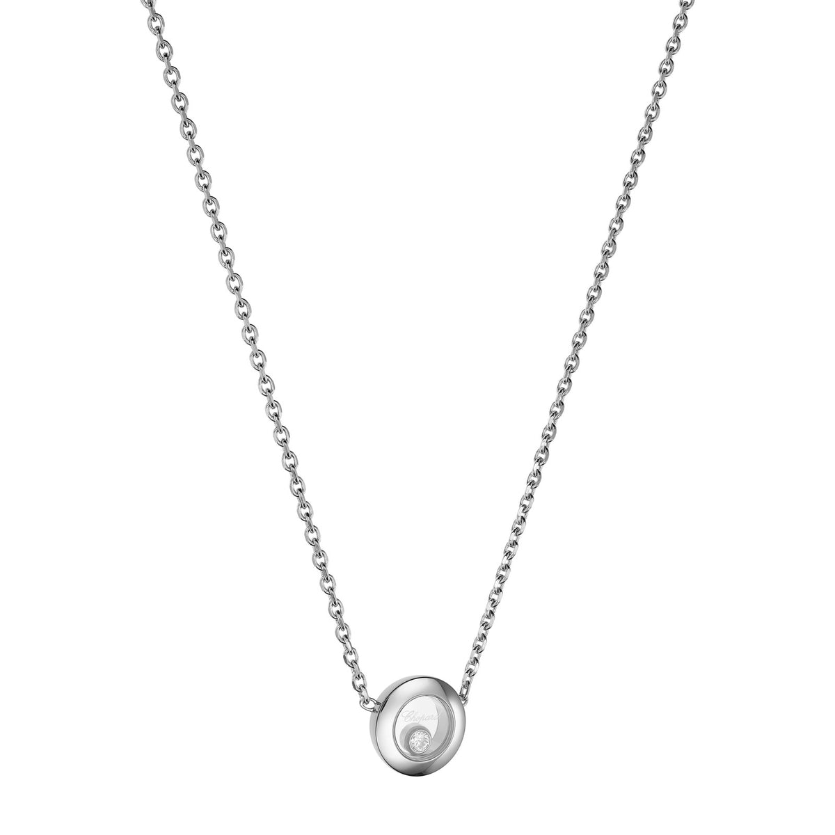 Chopard Happy Diamonds necklace in 18k ethical white gold with moving diamonds view 2