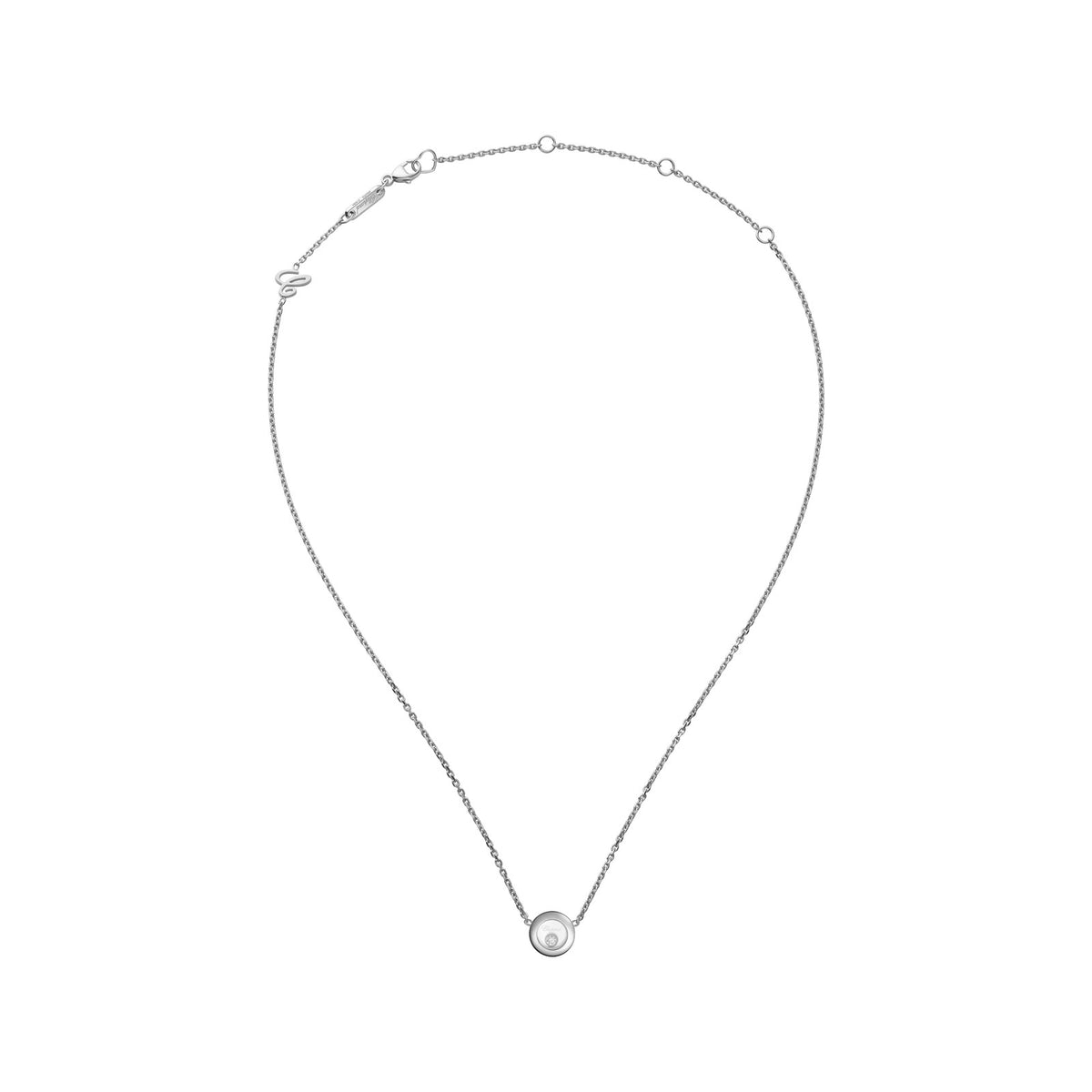 Chopard Happy Diamonds necklace in 18k ethical white gold with moving diamonds view 3