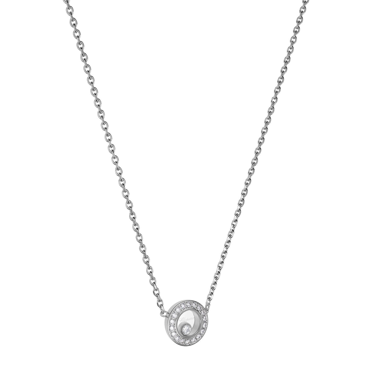 Chopard Happy Diamonds necklace in 18k ethical white gold with moving diamonds view 2