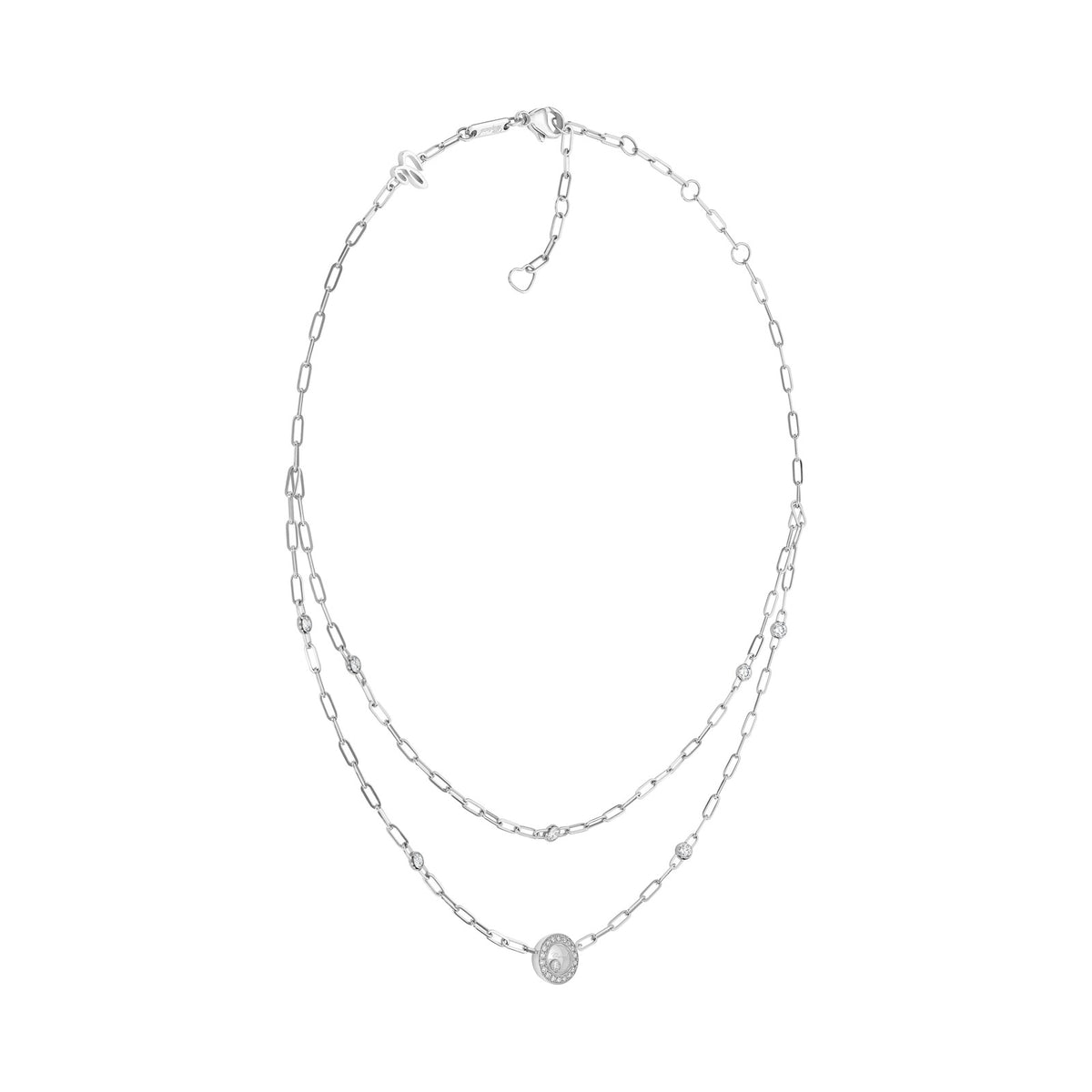 Chopard Happy Diamonds necklace in 18k ethical white gold with moving diamonds view 2