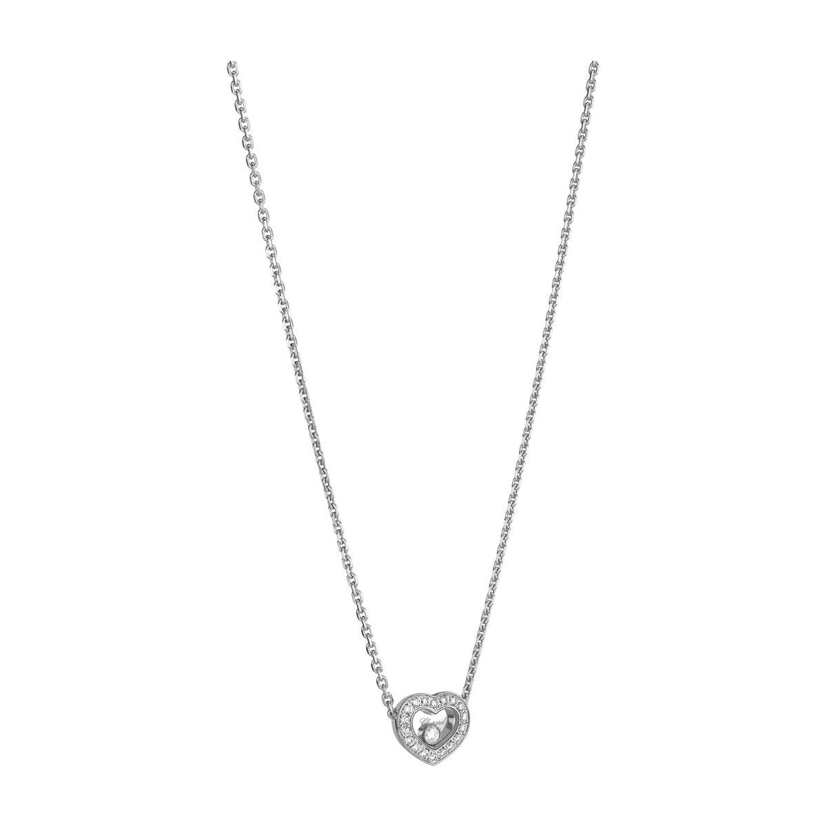 Chopard Happy Diamonds necklace in 18k ethical white gold with moving diamonds view 2