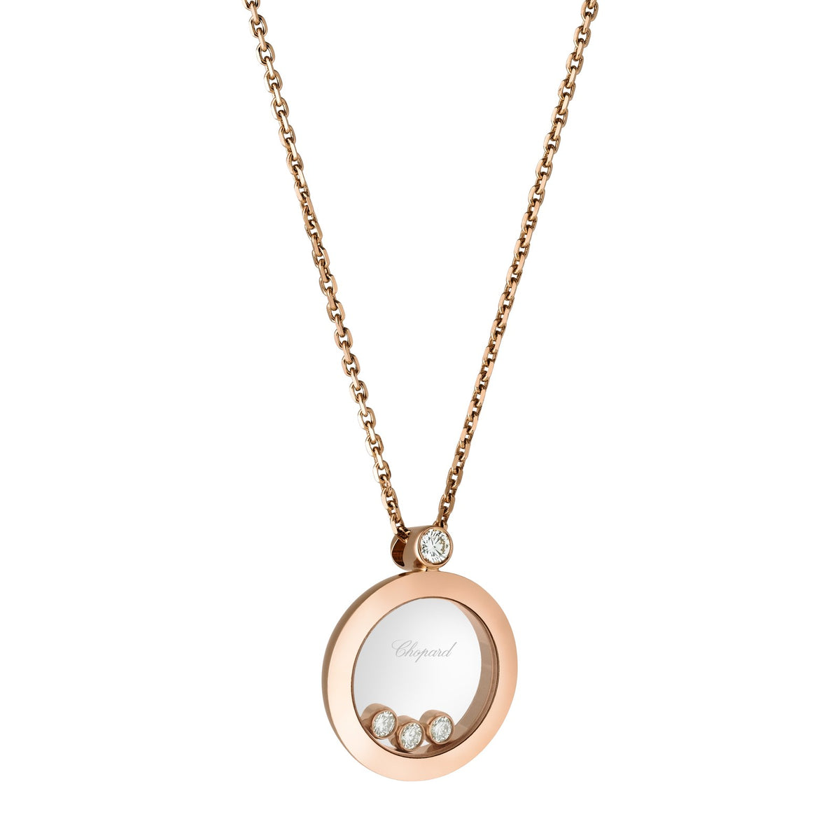 Chopard Happy Diamonds pendant in 18k ethical rose gold with moving diamonds view 2