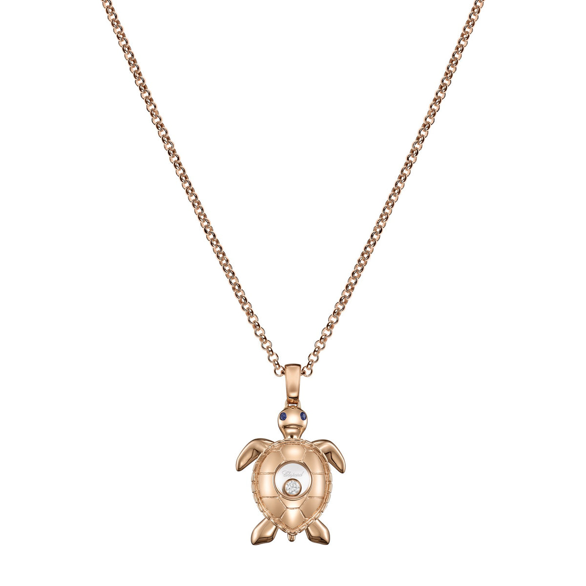 Chopard Happy Diamonds pendant in 18k ethical rose gold with moving diamonds and sapphires