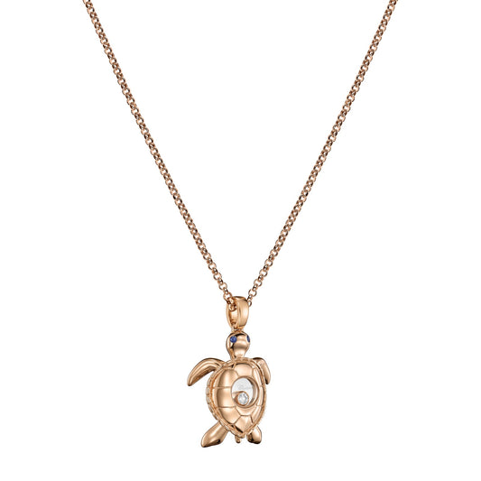 Chopard Happy Diamonds pendant in 18k ethical rose gold with moving diamonds and sapphires, view 2