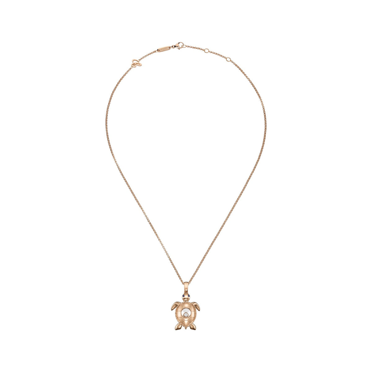 Chopard Happy Diamonds pendant in 18k ethical rose gold with moving diamonds and sapphires, view 3
