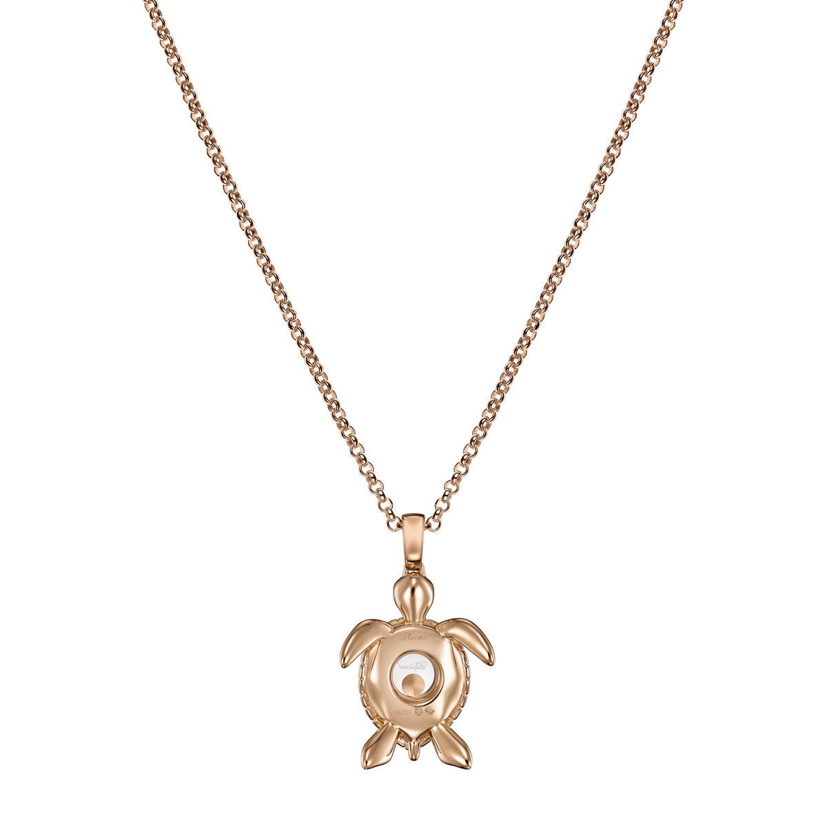 Chopard Happy Diamonds pendant in 18k ethical rose gold with moving diamonds and sapphires, view 4
