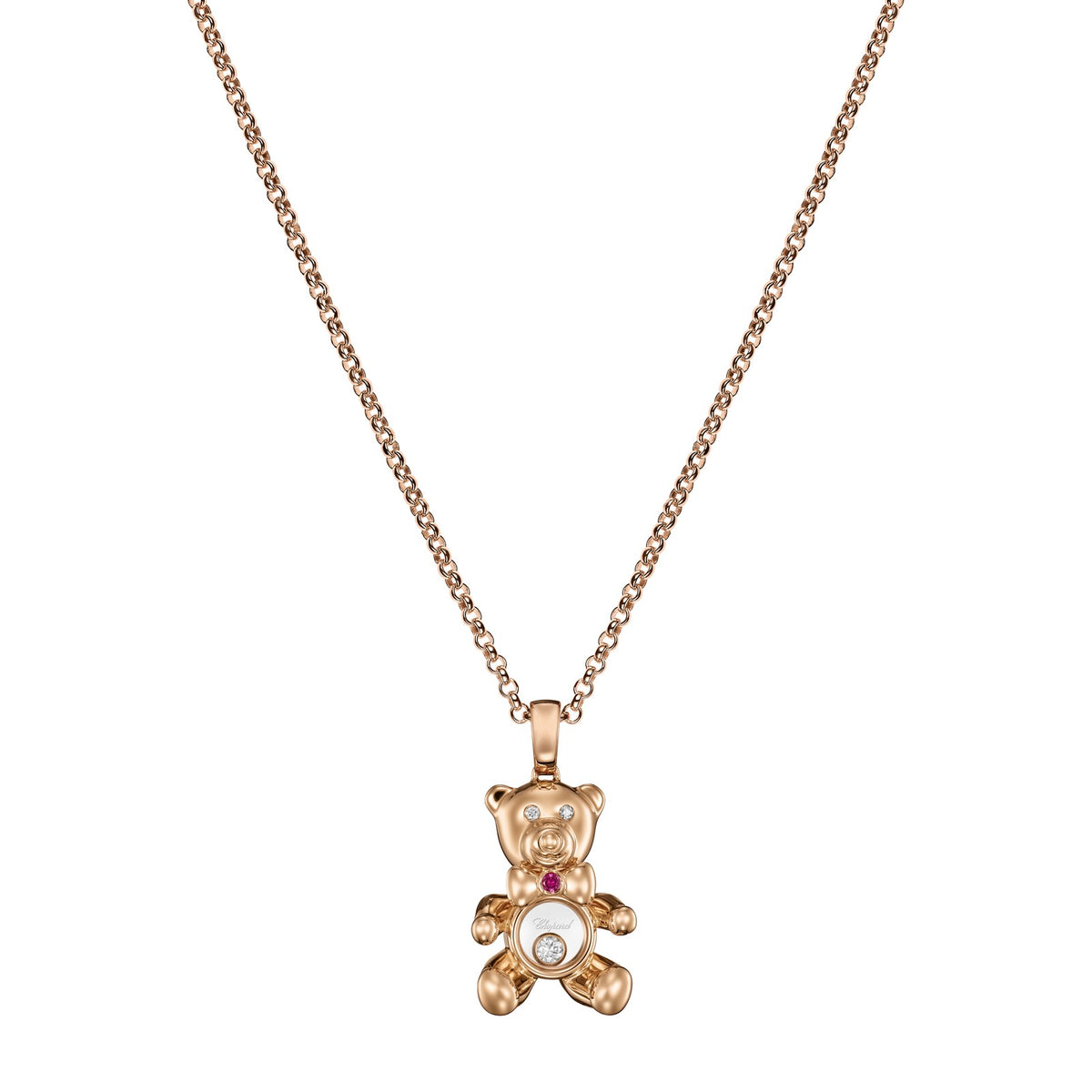 Chopard Happy Diamonds pendant in 18k ethical rose gold with moving diamonds and rubies