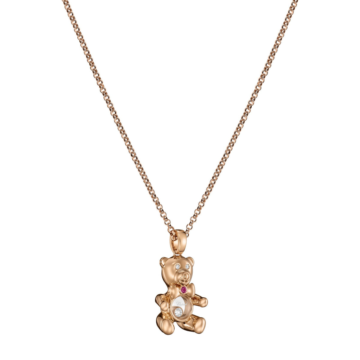 Chopard Happy Diamonds pendant in 18k ethical rose gold with moving diamonds and rubies, view 2