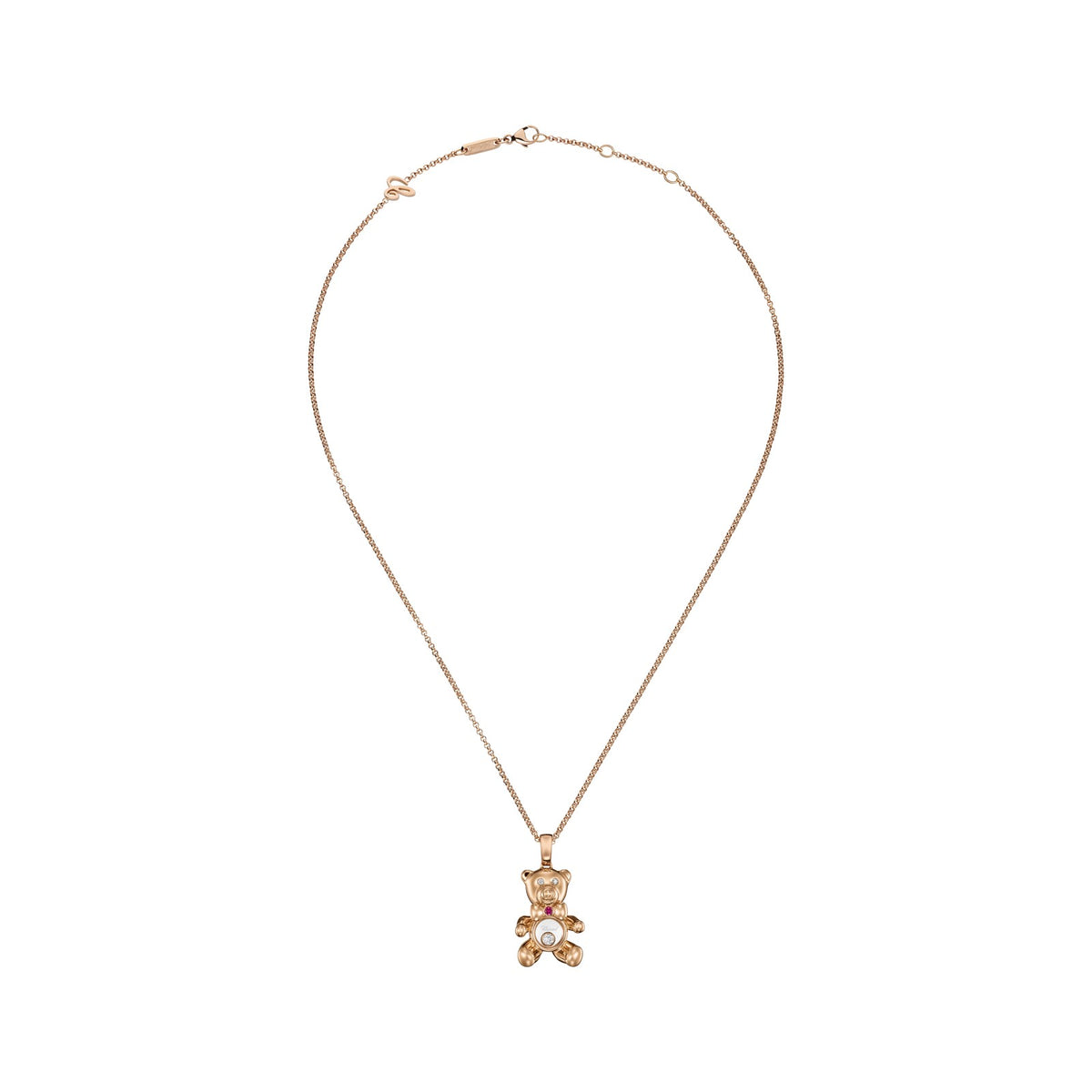 Chopard Happy Diamonds pendant in 18k ethical rose gold with moving diamonds and rubies, view 3