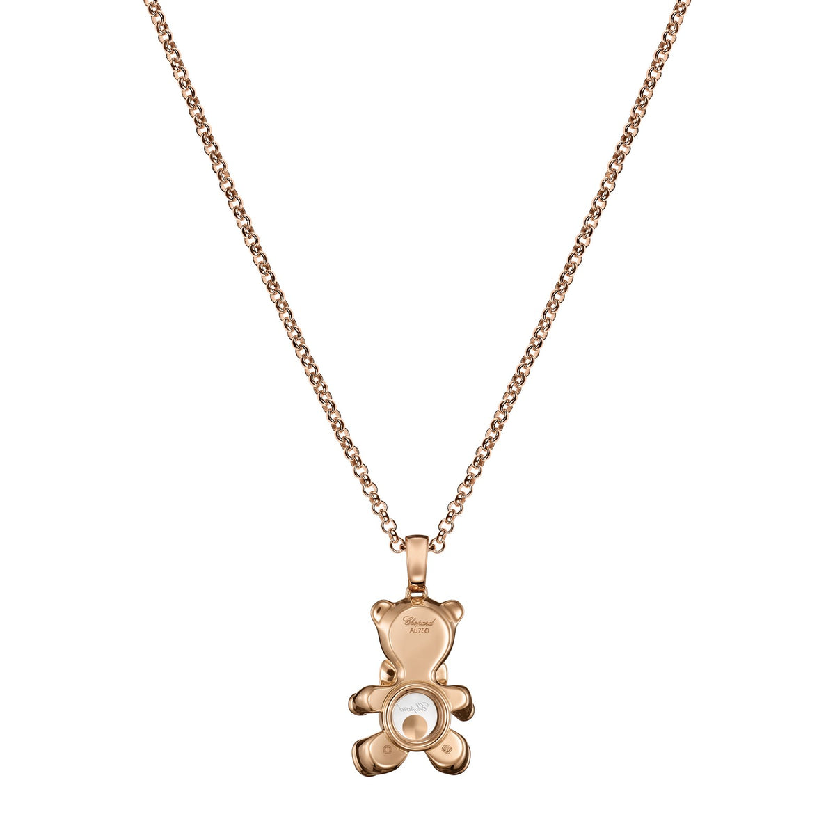 Chopard Happy Diamonds pendant in 18k ethical rose gold with moving diamonds and rubies, view 4