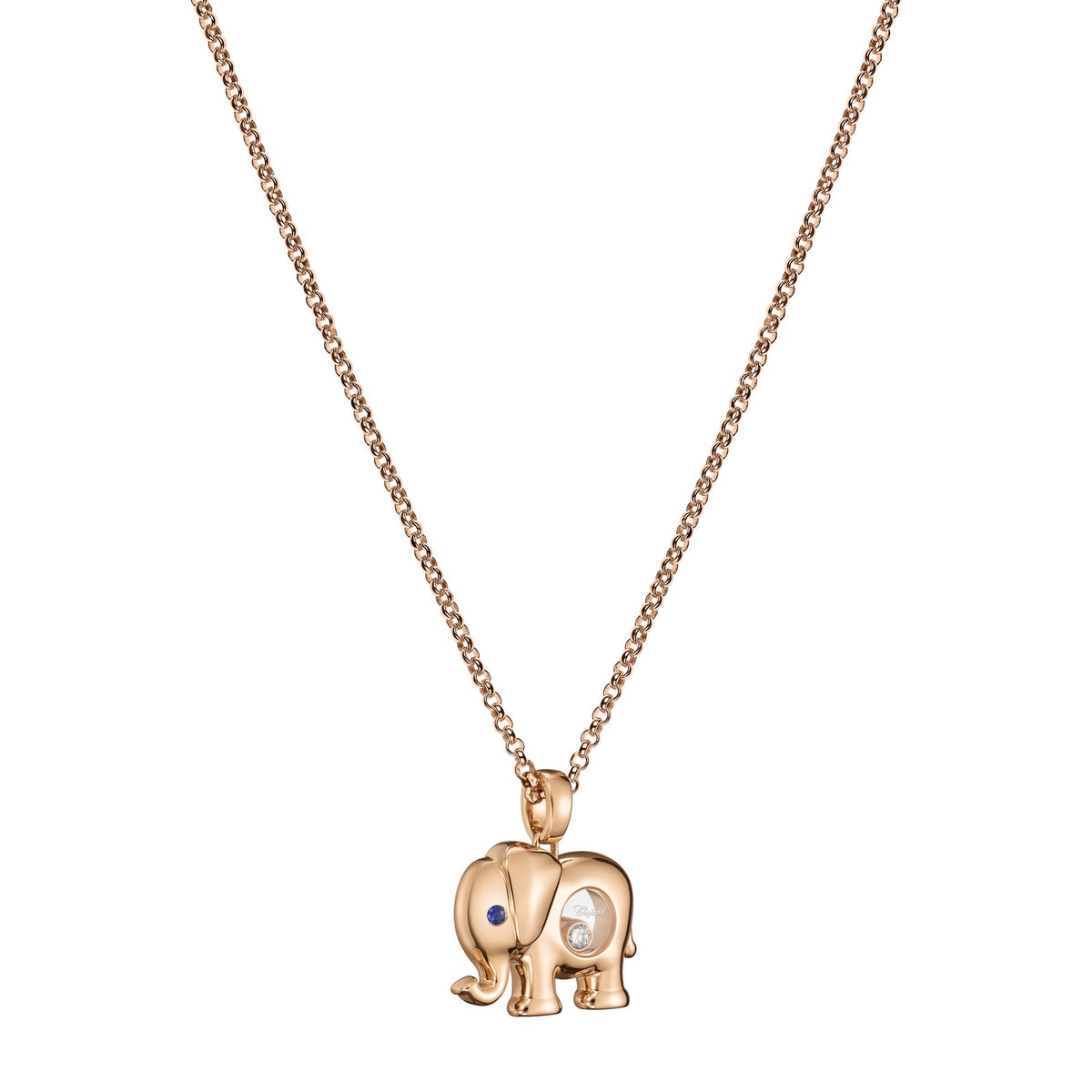Chopard Happy Diamonds pendant in 18k ethical rose gold with moving diamonds and sapphires, view 2