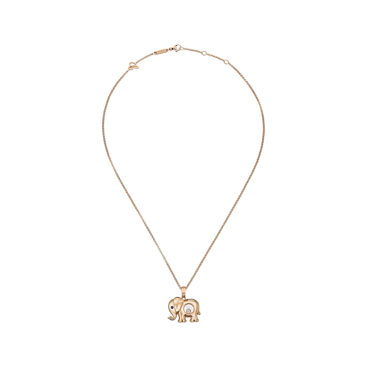 Chopard Happy Diamonds pendant in 18k ethical rose gold with moving diamonds and sapphires, view 3