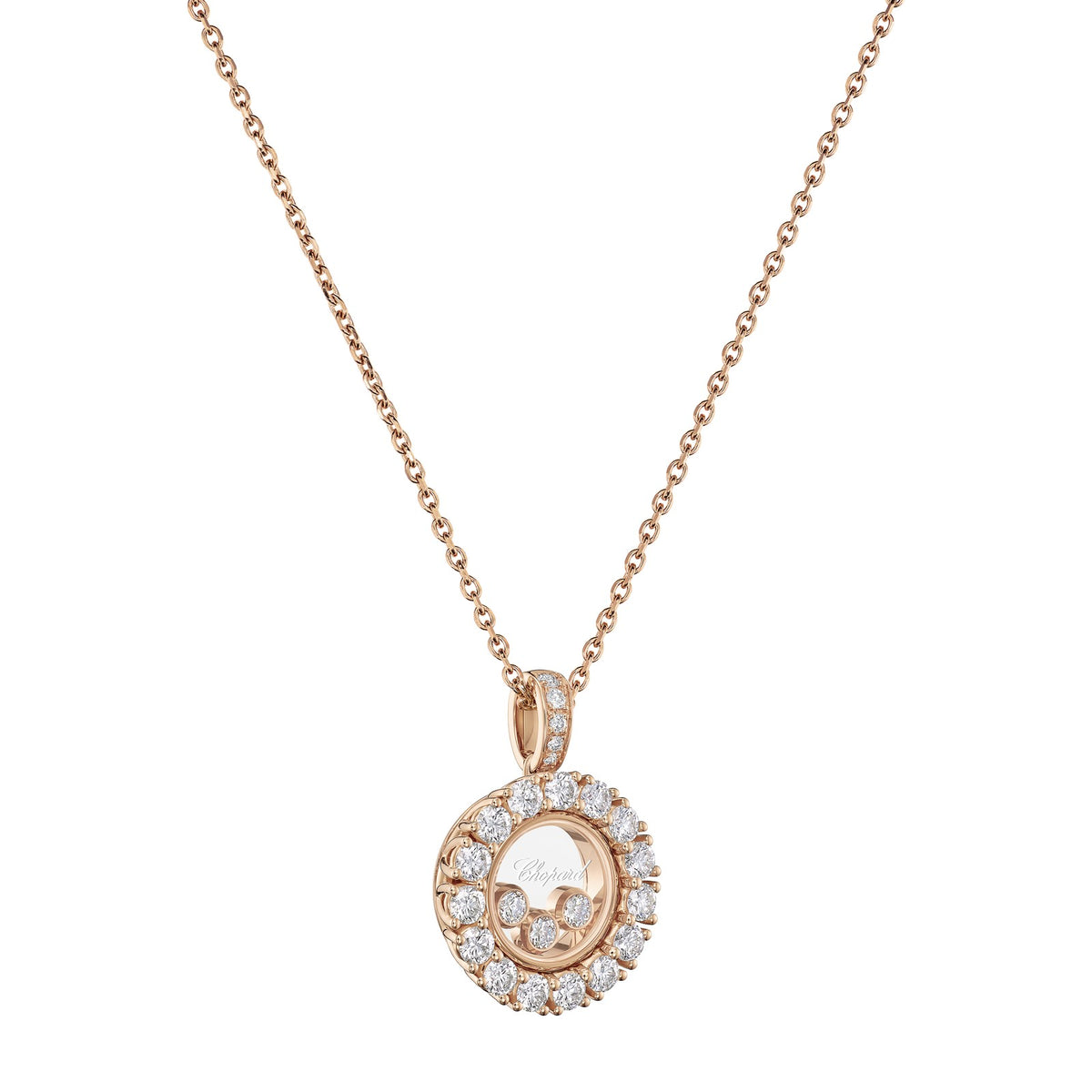 Chopard Happy Diamonds pendant in 18k ethical rose gold with moving diamonds, view 2