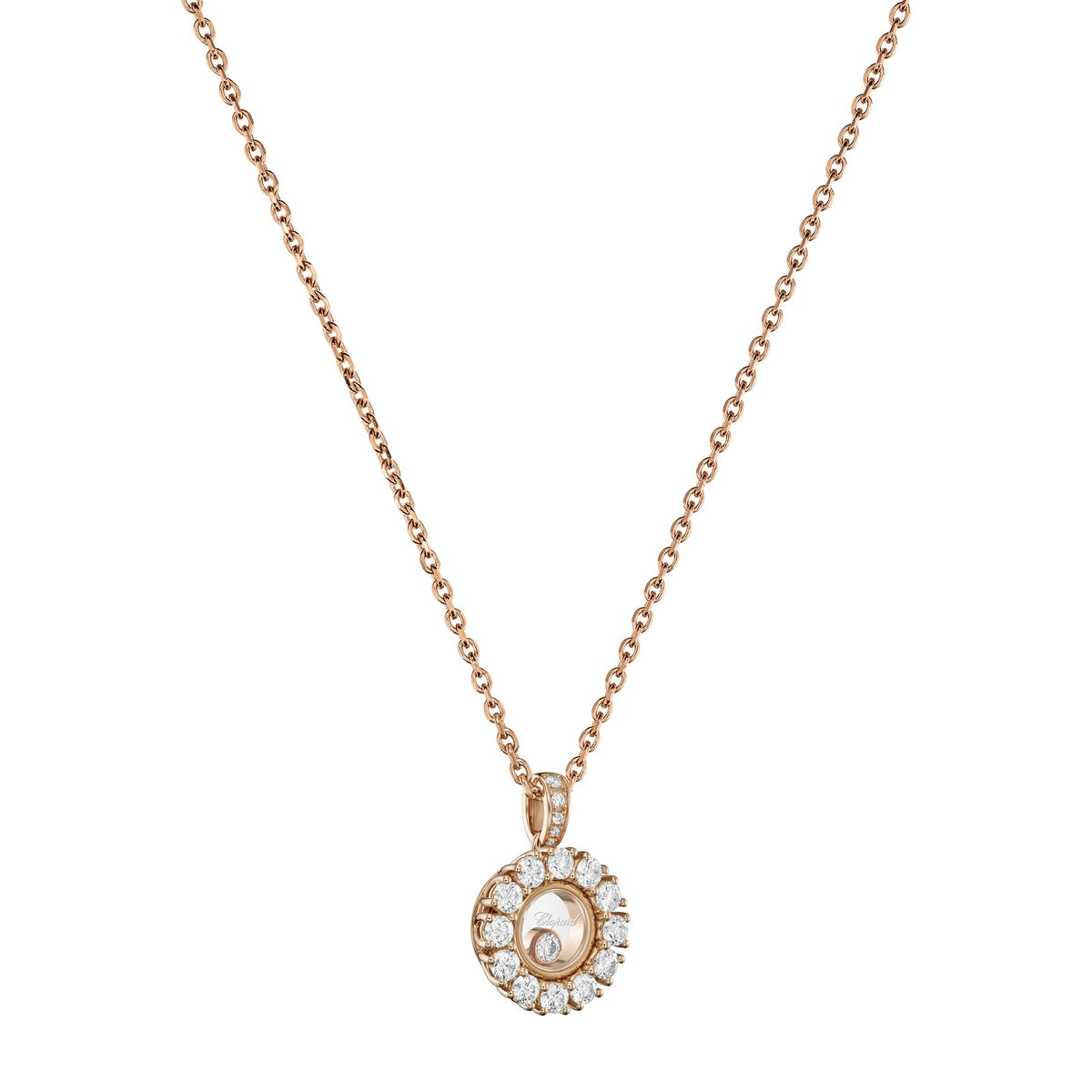 Chopard Happy Diamonds pendant in 18k ethical rose gold with moving diamonds, view 2