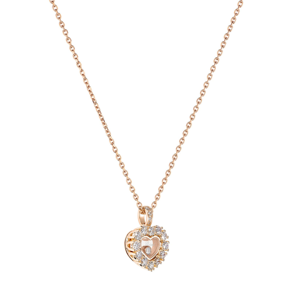 Chopard Happy Diamonds pendant in 18k ethical rose gold with moving diamonds, view 2