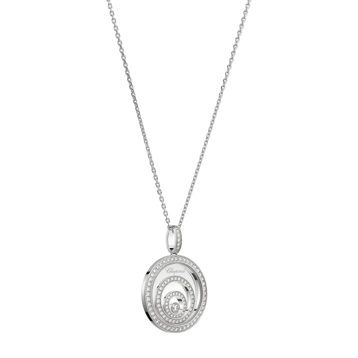 Chopard Happy Diamonds pendant in 18k ethical white gold with moving diamonds view 2