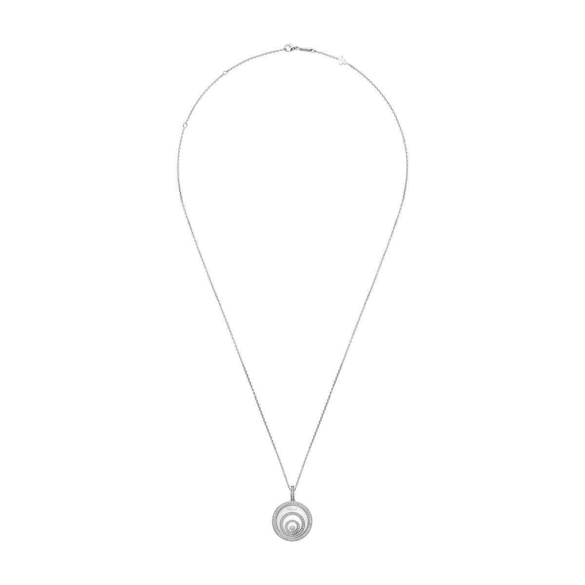 Chopard Happy Diamonds pendant in 18k ethical white gold with moving diamonds view 3