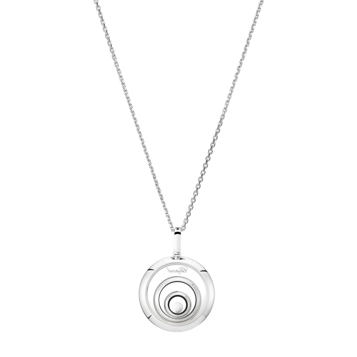 Chopard Happy Diamonds pendant in 18k ethical white gold with moving diamonds view 4