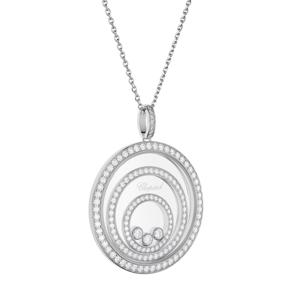 Chopard Happy Diamonds pendant in 18k ethical white gold with moving diamonds view 2