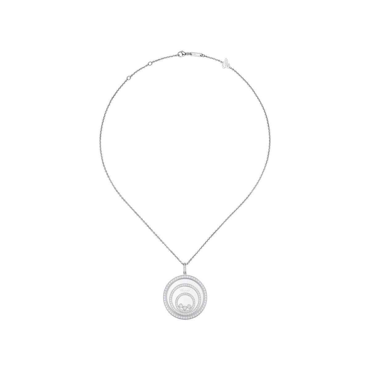 Chopard Happy Diamonds pendant in 18k ethical white gold with moving diamonds view 3