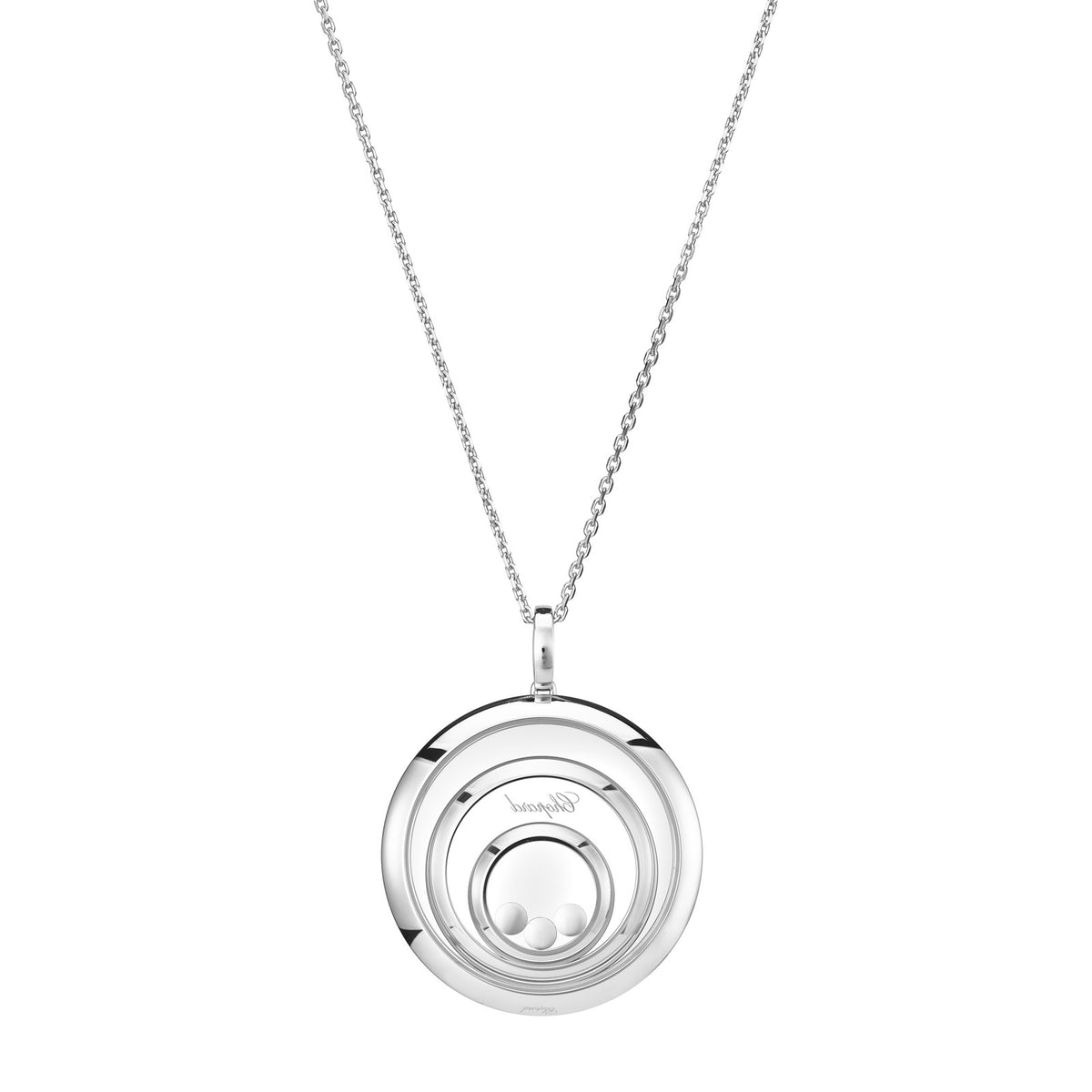 Chopard Happy Diamonds pendant in 18k ethical white gold with moving diamonds view 4