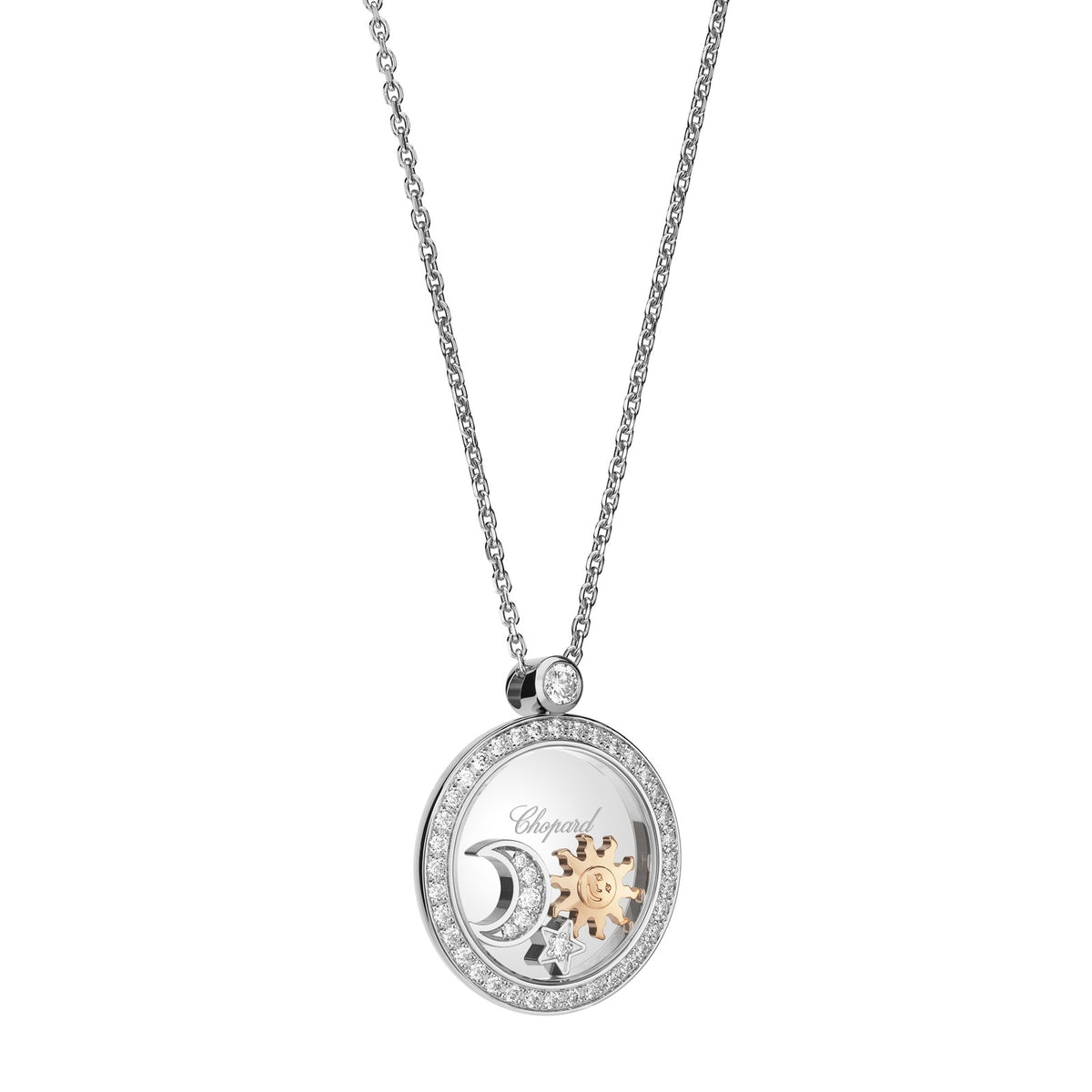 Chopard Happy Diamonds pendant in 18k ethical white gold with moving diamonds, view 2