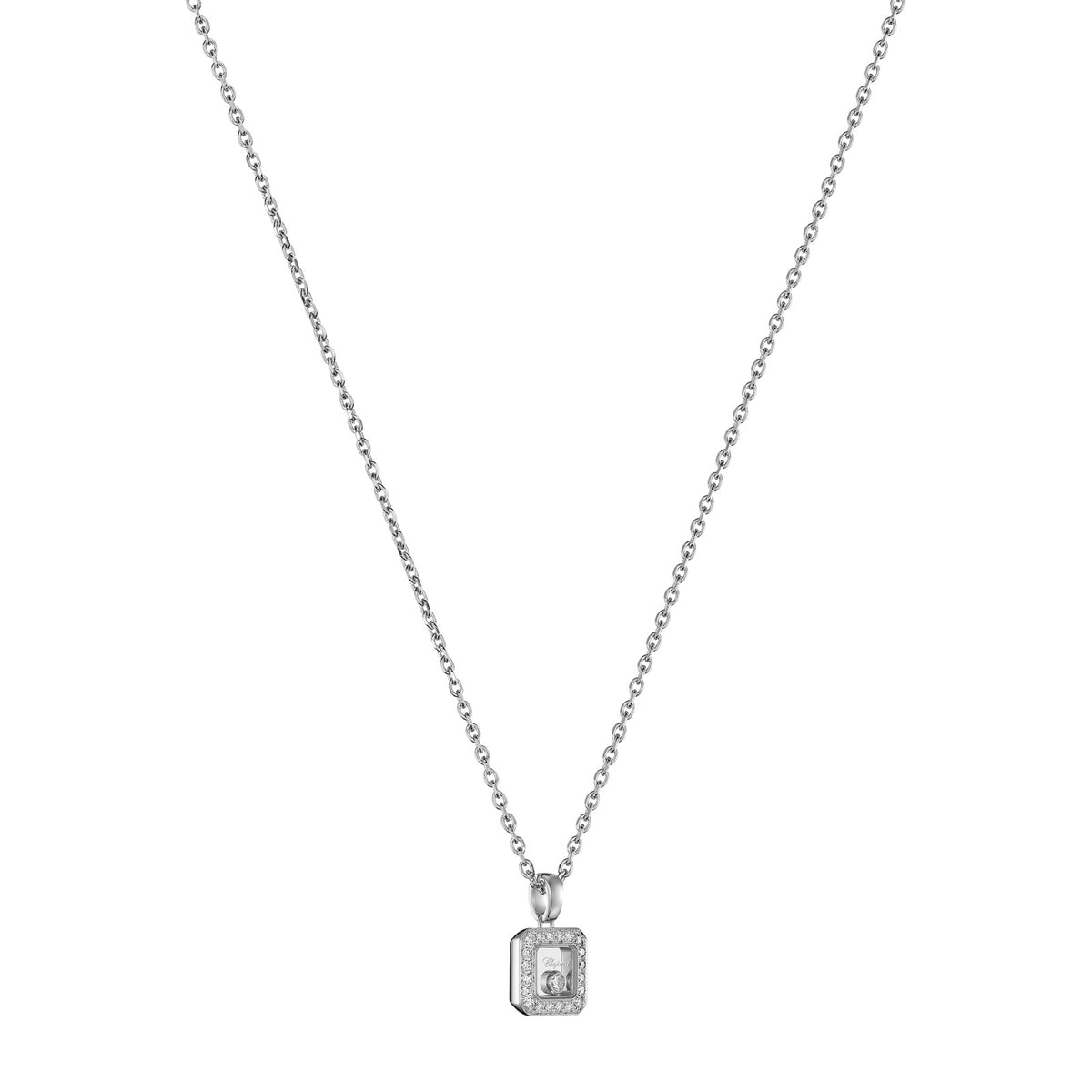Chopard Happy Diamonds pendant in 18k ethical white gold with moving diamonds, view 2