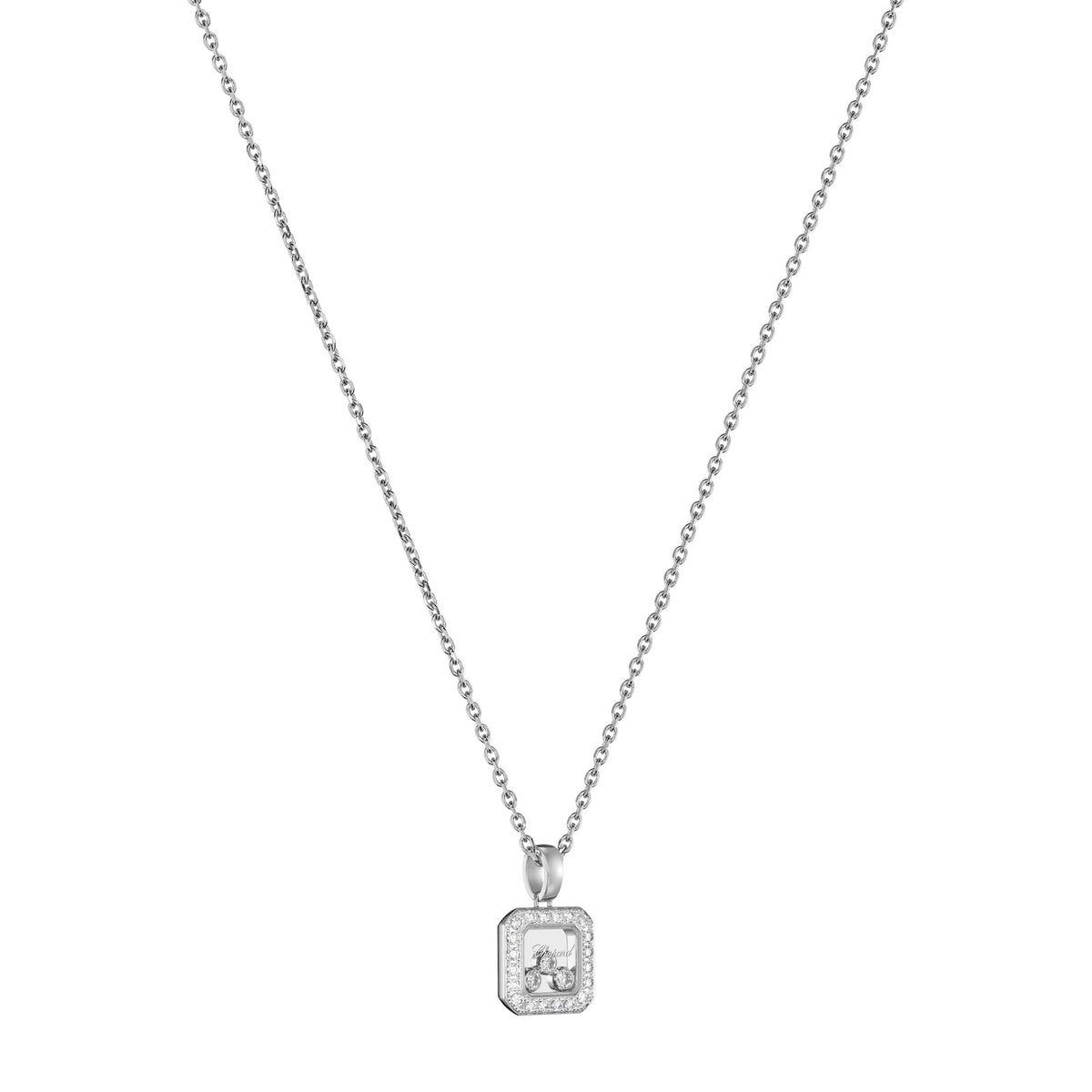 Chopard Happy Diamonds pendant in 18k ethical white gold with moving diamonds, view 2