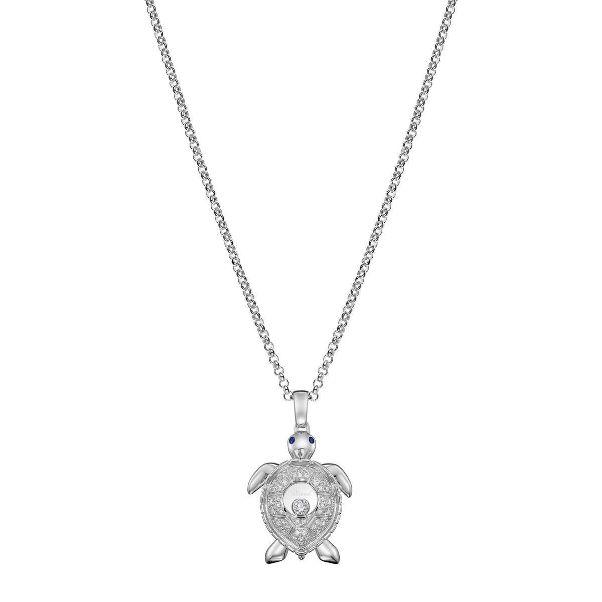 Chopard Happy Diamonds pendant in 18k ethical white gold with moving diamonds and sapphires