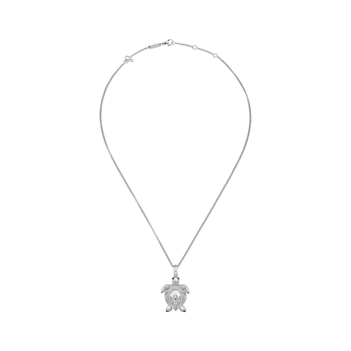 Chopard Happy Diamonds pendant in 18k ethical white gold with moving diamonds and sapphires, view 3