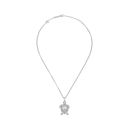 Chopard Happy Diamonds pendant in 18k ethical white gold with moving diamonds and sapphires, view 3