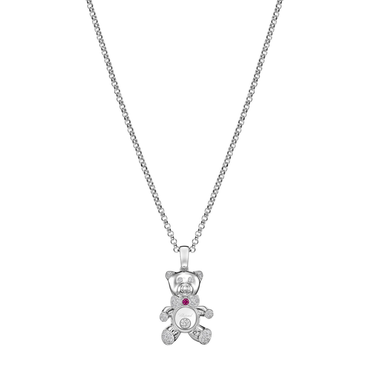 Chopard Happy Diamonds pendant in 18k ethical white gold with moving diamonds and rubies