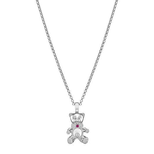 Chopard Happy Diamonds pendant in 18k ethical white gold with moving diamonds and rubies