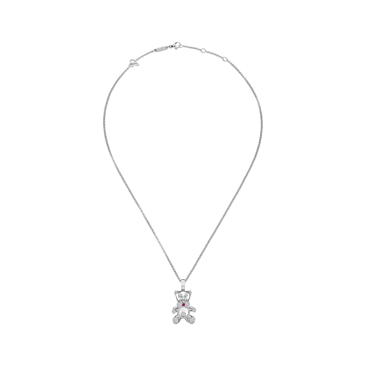 Chopard Happy Diamonds pendant in 18k ethical white gold with moving diamonds and rubies, view 3