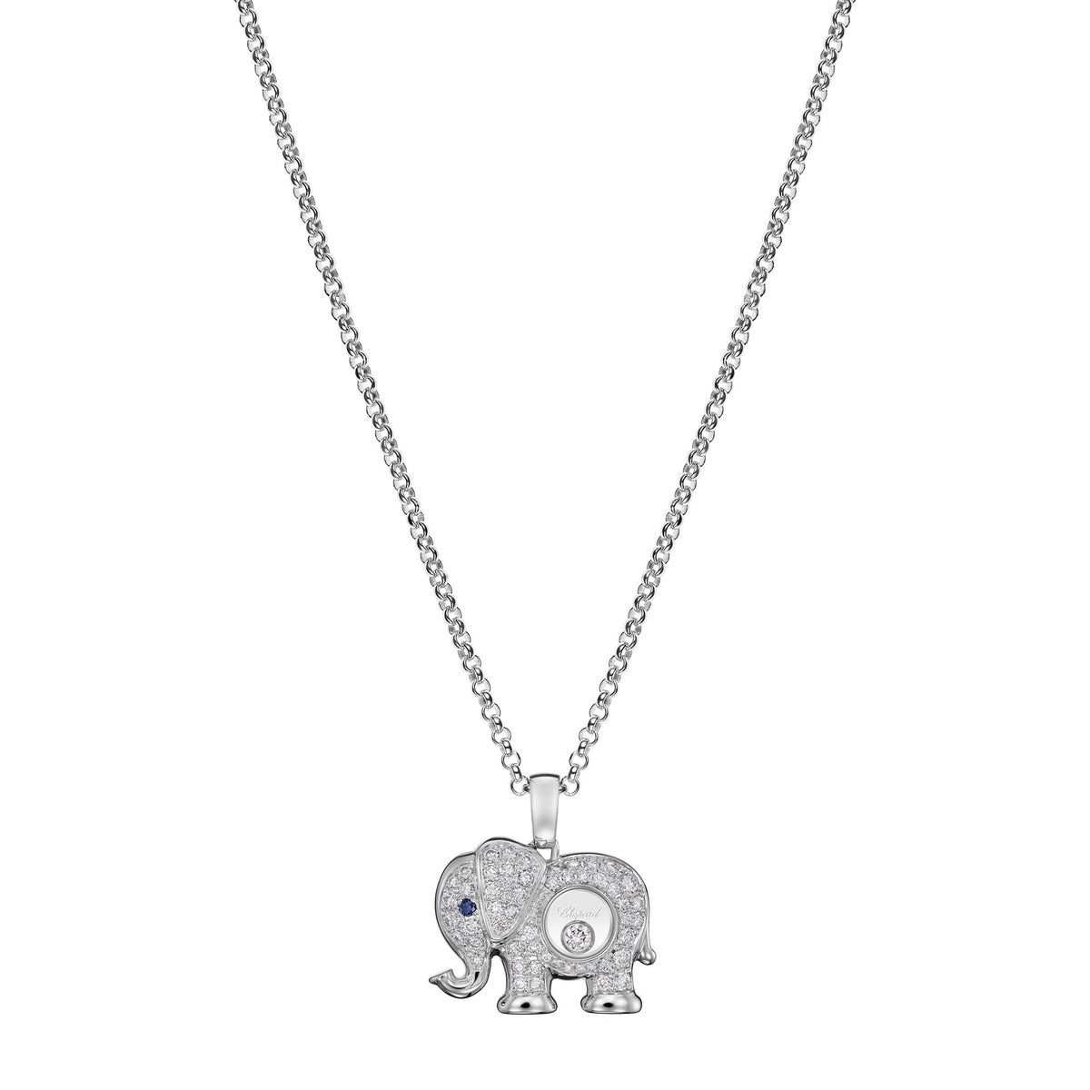 Chopard Happy Diamonds pendant in 18k ethical white gold with moving diamonds and sapphires