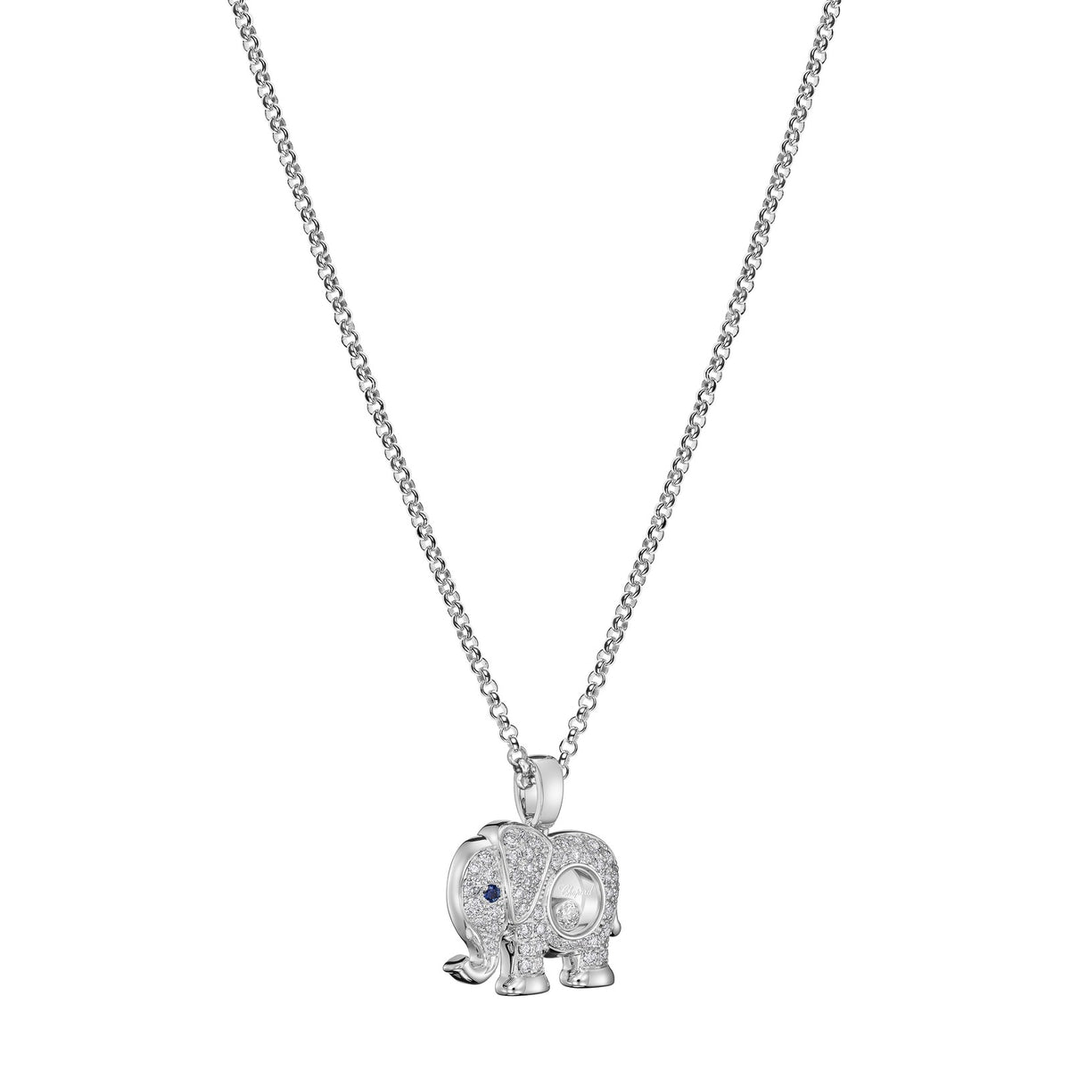 Chopard Happy Diamonds pendant in 18k ethical white gold with moving diamonds and sapphires, view 2